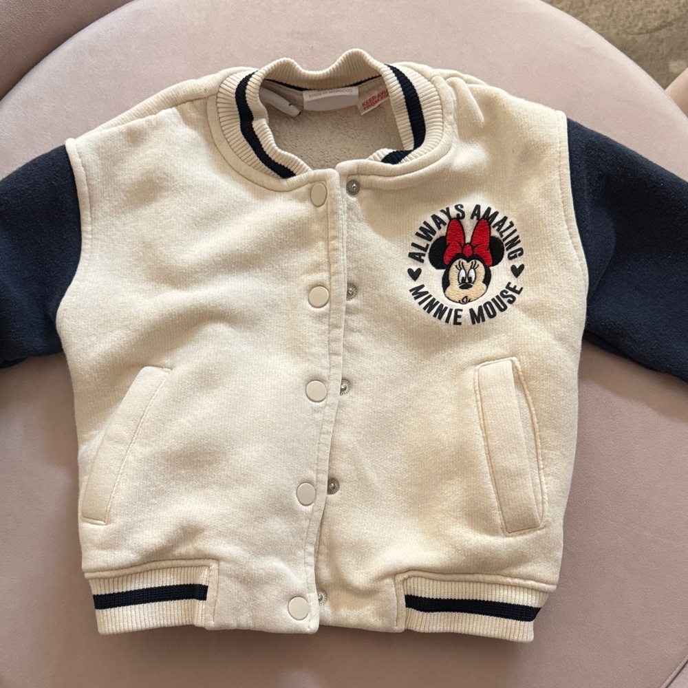 Zara Minnie Mouse Kids Varsity Jacket - Cream and Navy